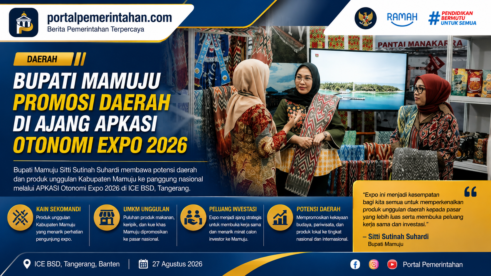 Bupati Sutinah Bawa Potensi Mamuju ke APKASI Otonomi Expo 2026, Sekomandi Jadi Primadona